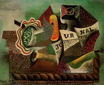 Stillleben avec fruits verre et journal 1914 cubist Pablo Picasso Ölgemälde